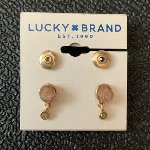 NWT Lucky Brand Set of 2 Pair Earrings: Gold w/ Pink Druzy & Gold Studs
